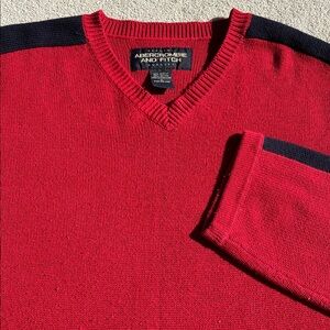 Abercrombie and Fitch Red & Navy Cotton Blend Long Sleeve V-neck Sweater Size XL